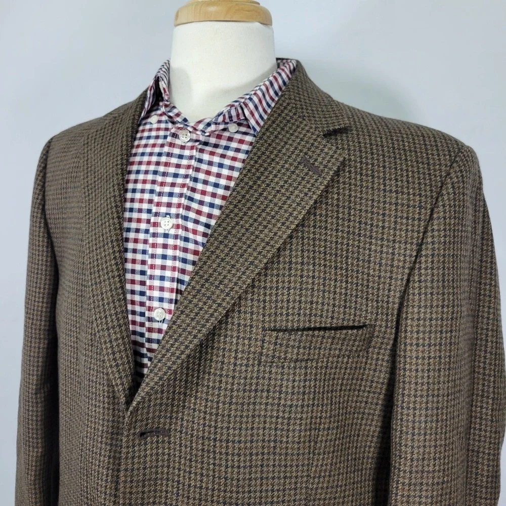 Stafford Essentials Mens Sport Coat Three‎ Button Brown Houndstooth Wool 44L